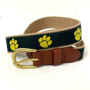 Leather Man Ltd Dog Paw Print Belt Sz 36 Brown Leather Brass Ribbon Canvas 1.25W